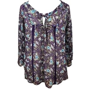 Decree Top Purple Multicolor Floral Semi Sheer Half Sleeve Ruffle Neck Loose Fit